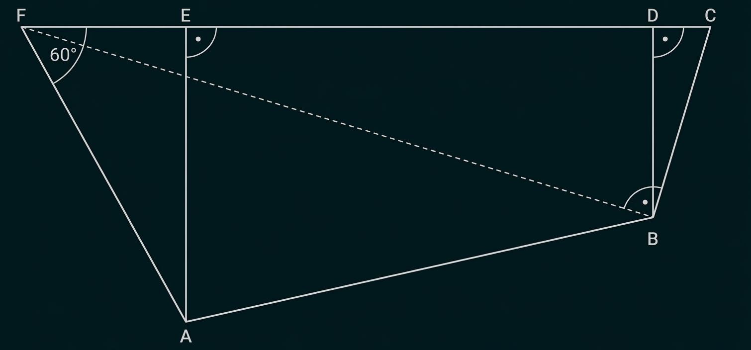 Geometrische Skizze mit den Punkten A bis F, Winkeln und gestrichelter Diagonale FB.